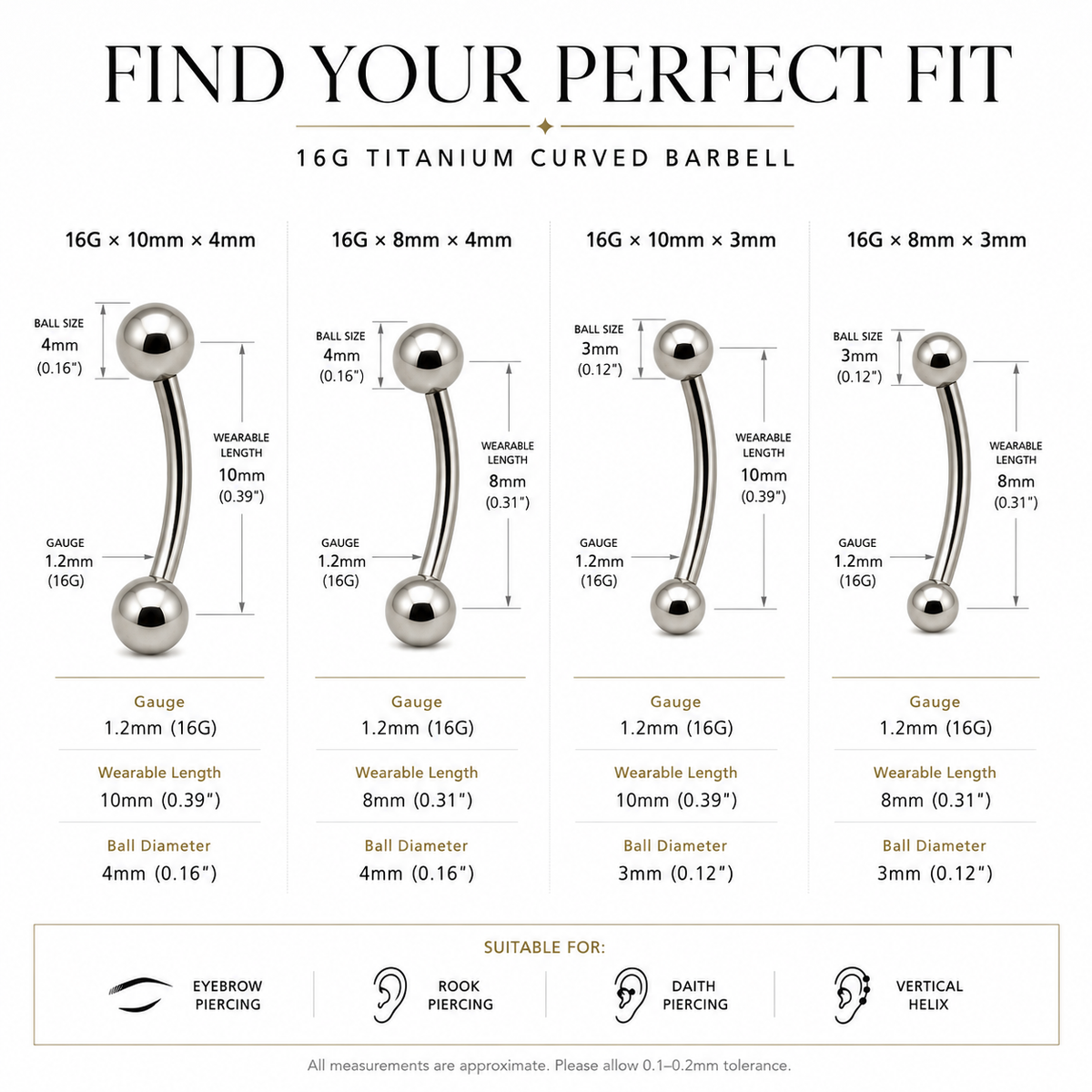 Size guide for 16G titanium curved barbell with 8mm and 10mm lengths and 3mm and 4mm ball options