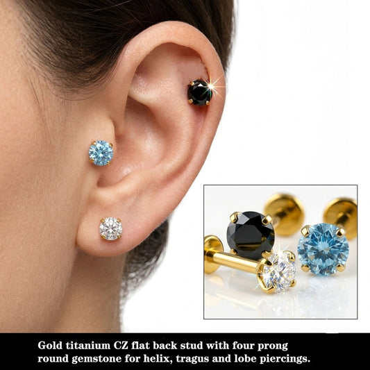Close-up of a young woman wearing a flush-fit gold titanium flat back stud in a naturally healed tragus piercing, showcasing everyday comfort.