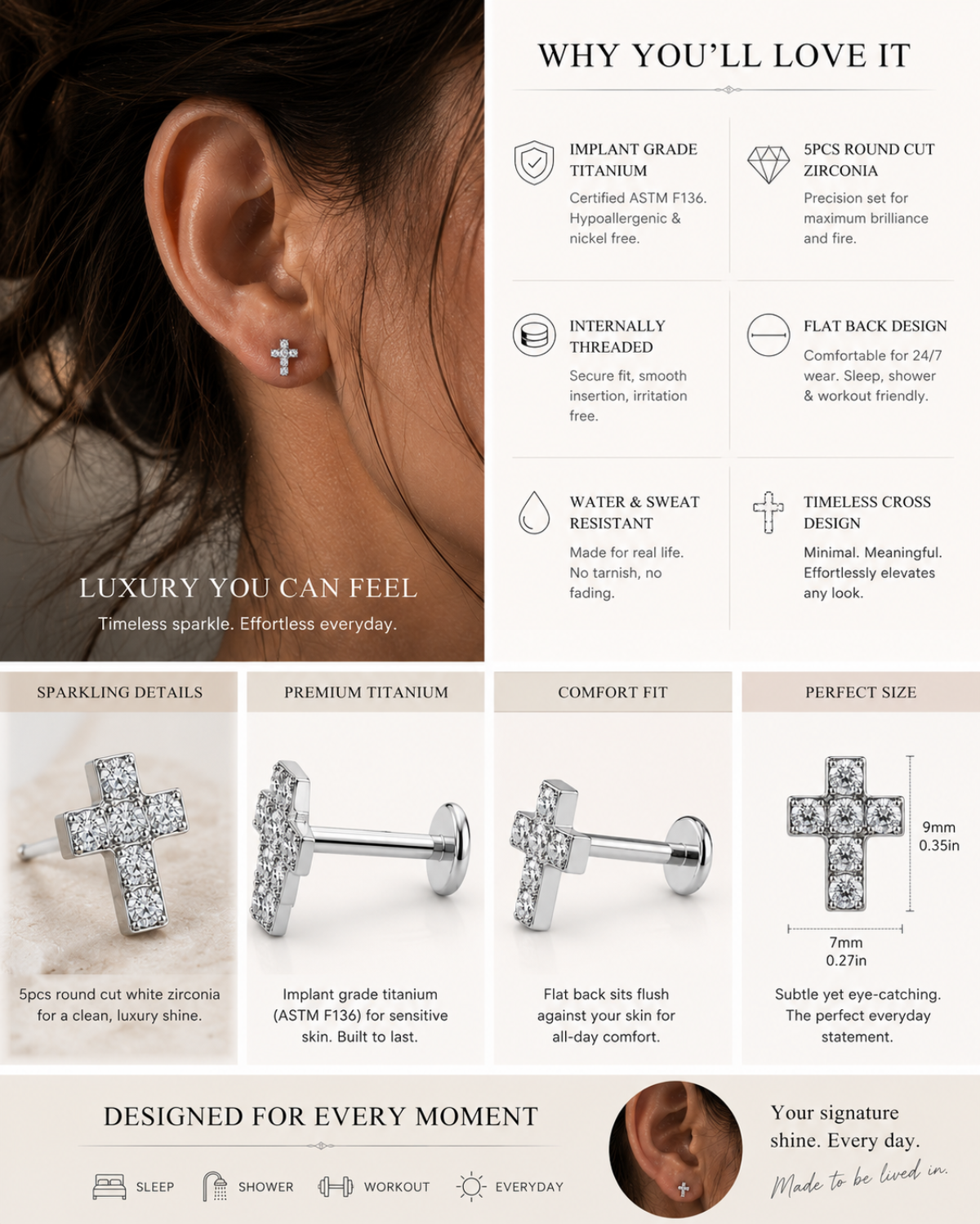 Luxury titanium cross flat back stud featuring implant grade titanium and sparkling cubic zirconia