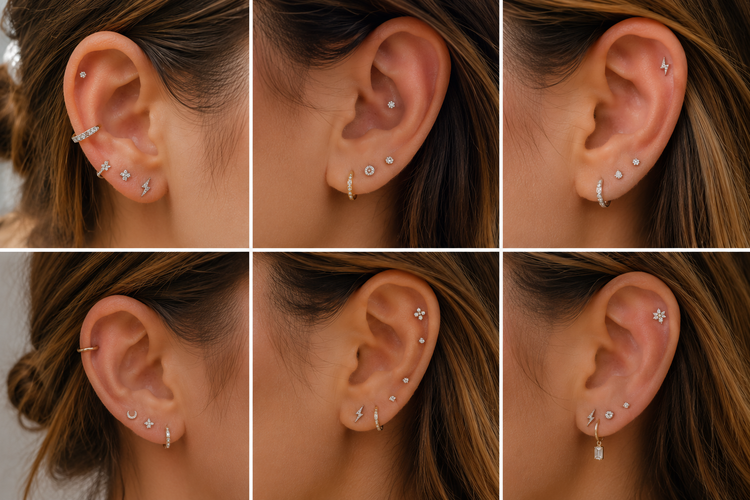 Minimalist titanium ear jewelry collection with lobe, helix, and cartilage styling by AIDD