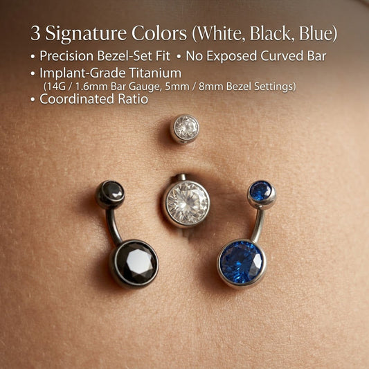 Three signature color options of implant grade titanium navel rings, clear black and blue zircon belly jewelry set