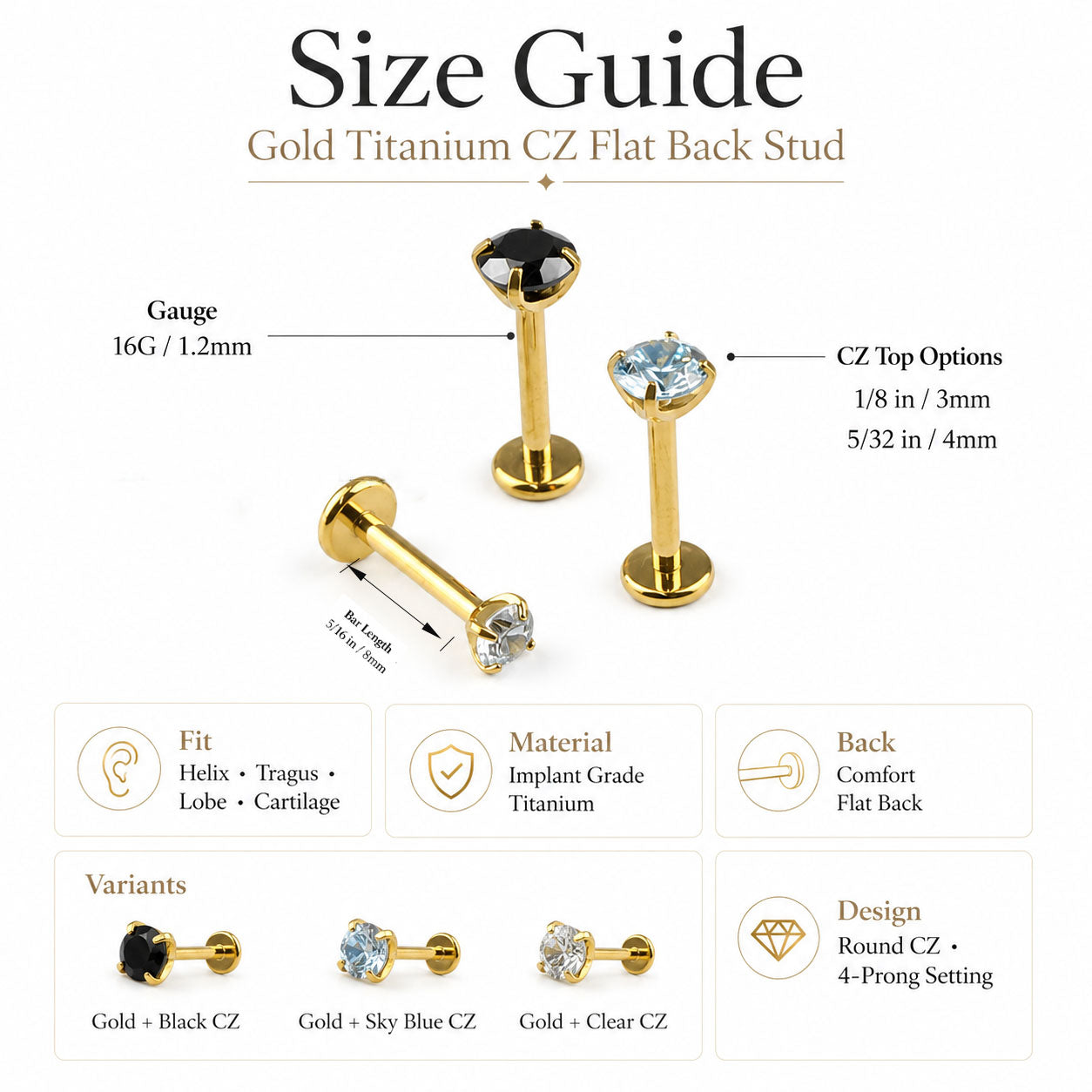 Visual size guide for 16G 5/16 inch gold titanium flat back earrings illustrating the difference between 3mm and 4mm zircon options.