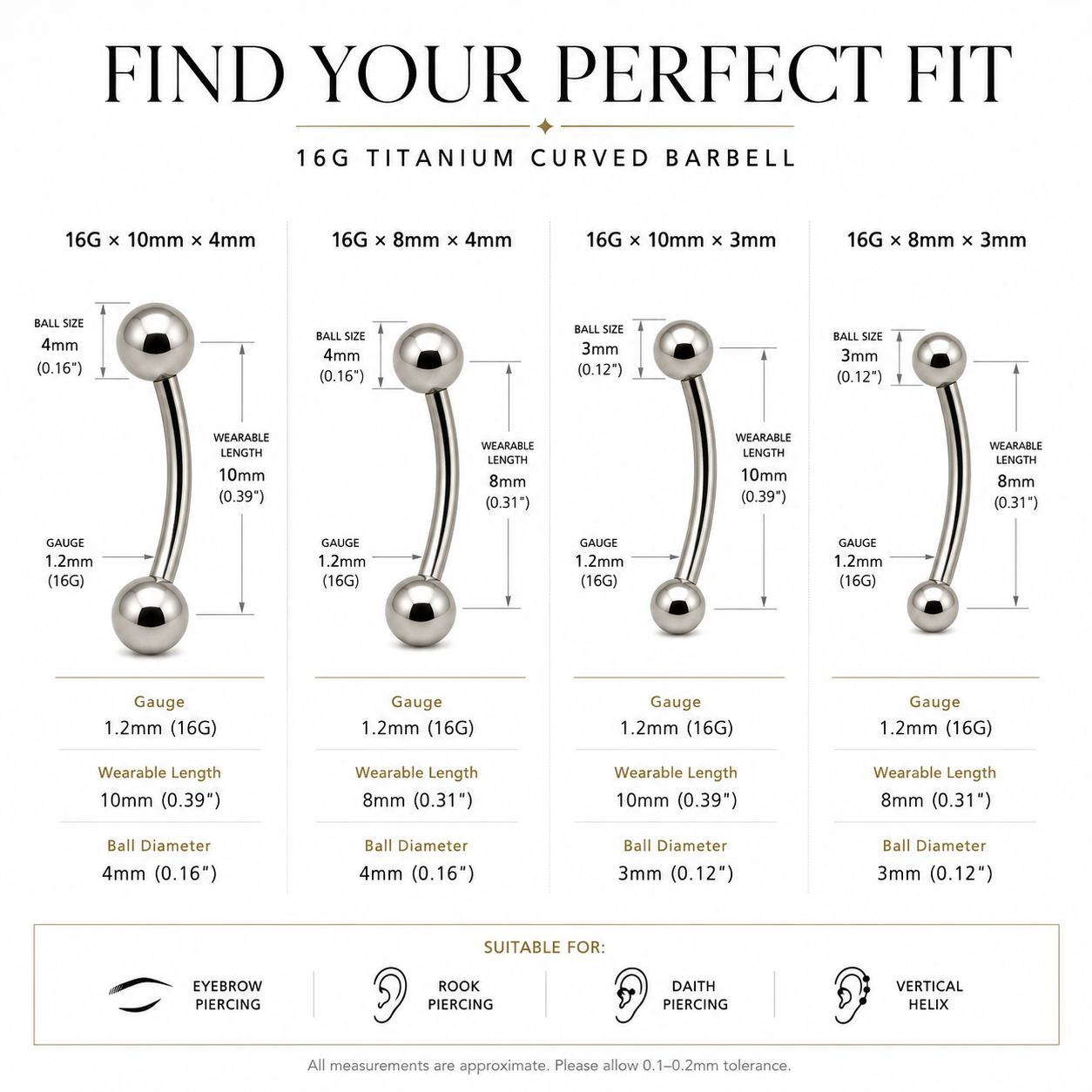 Size guide for 16G titanium curved barbell with 8mm and 10mm lengths and 3mm and 4mm ball options