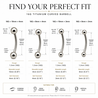 Size guide for 16G titanium curved barbell with 8mm and 10mm lengths and 3mm and 4mm ball options