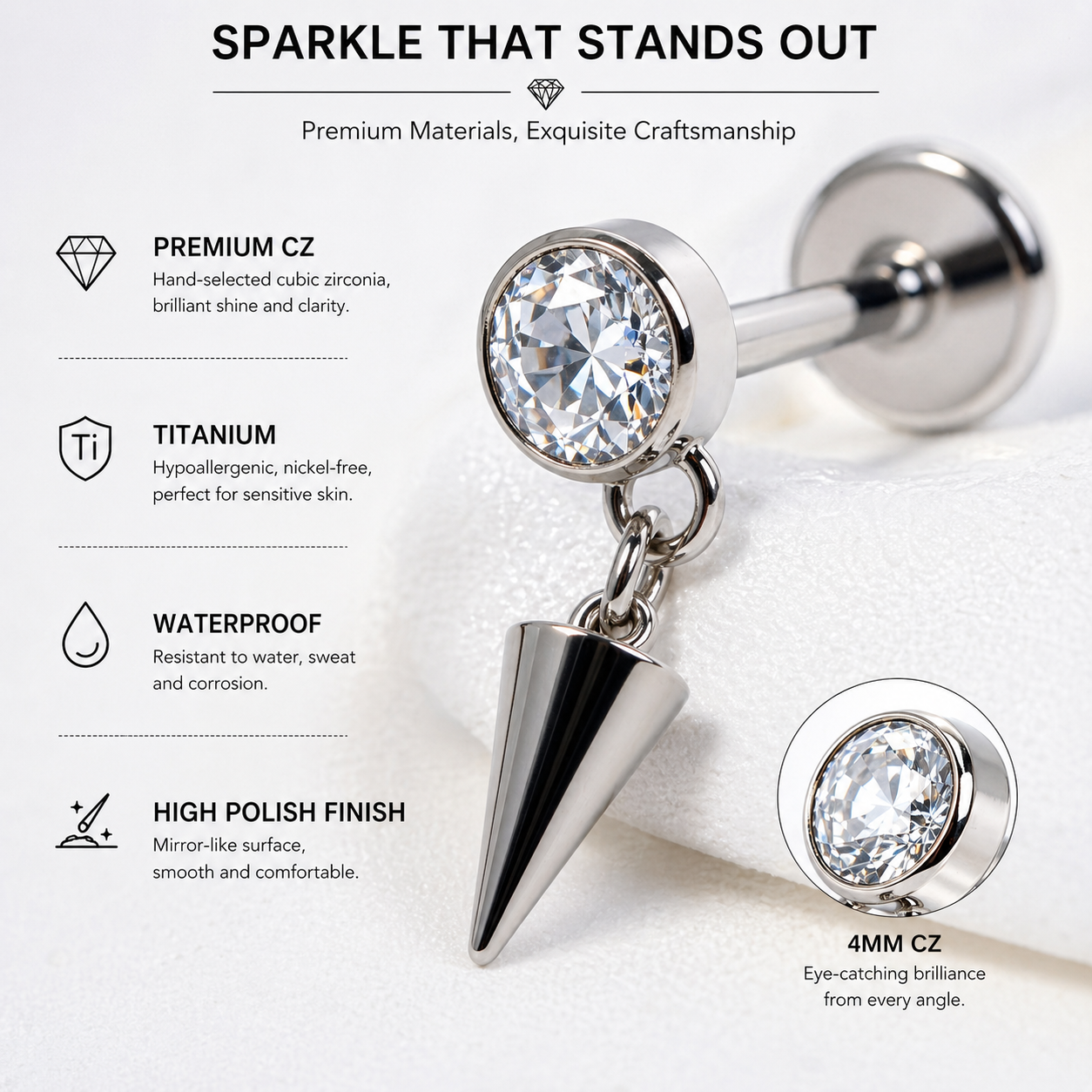 Titanium Spike Labret Stud for Cartilage & Lip