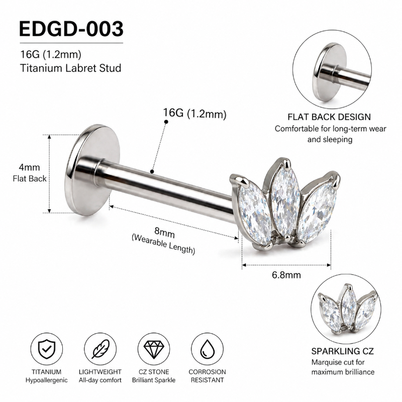 flat back titanium labret stud comfortable for sleeping cartilage piercing