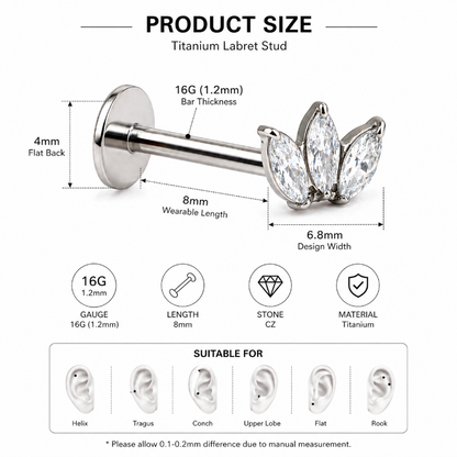 16g titanium labret stud size chart 8mm bar length marquise cz cluster
