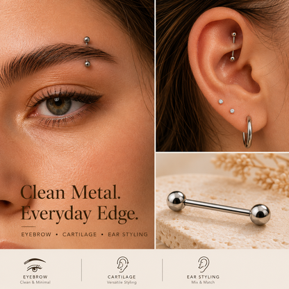 Titanium ball straight barbell styled for eyebrow and cartilage piercings