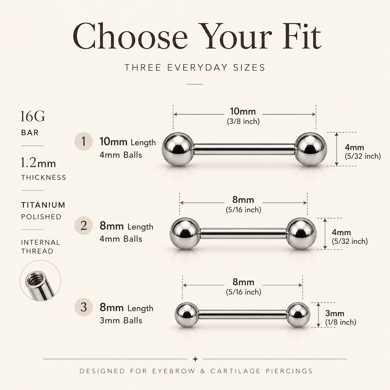 16G titanium ball straight barbell size guide with 10mm and 8mm options