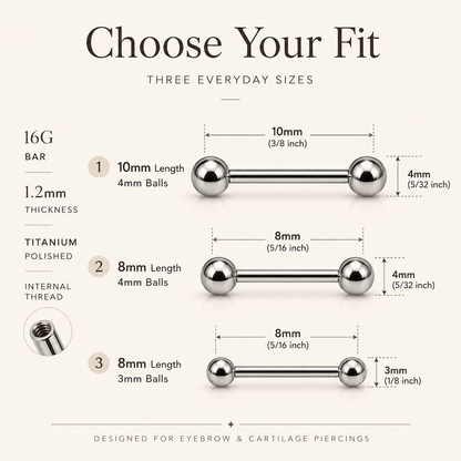 16G titanium ball straight barbell size guide with 10mm and 8mm options