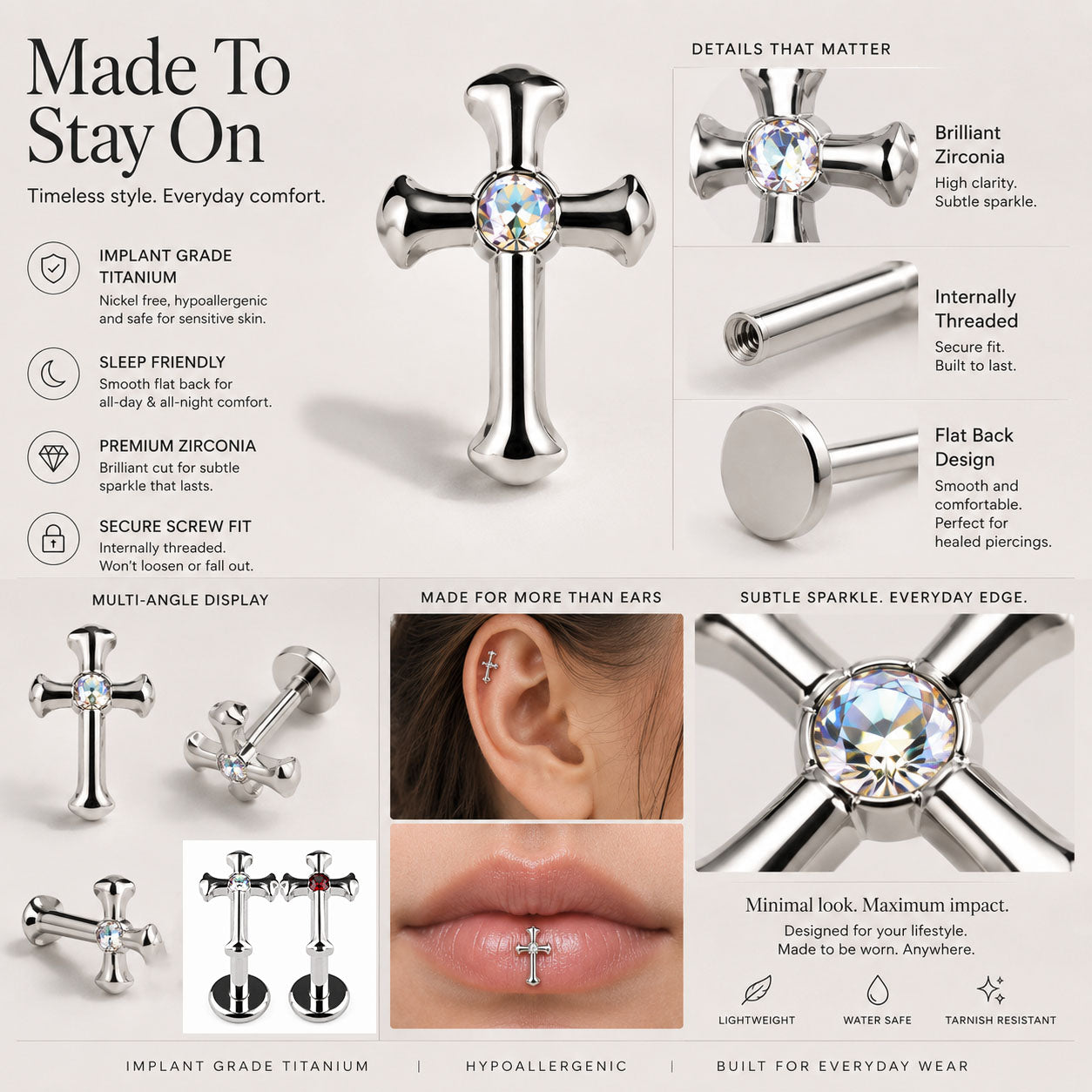 Titanium cross stud feature overview with implant grade titanium and flat back design