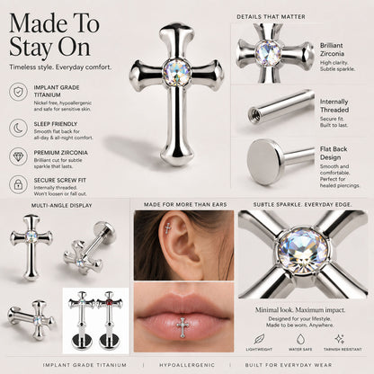 Titanium cross stud feature overview with implant grade titanium and flat back design