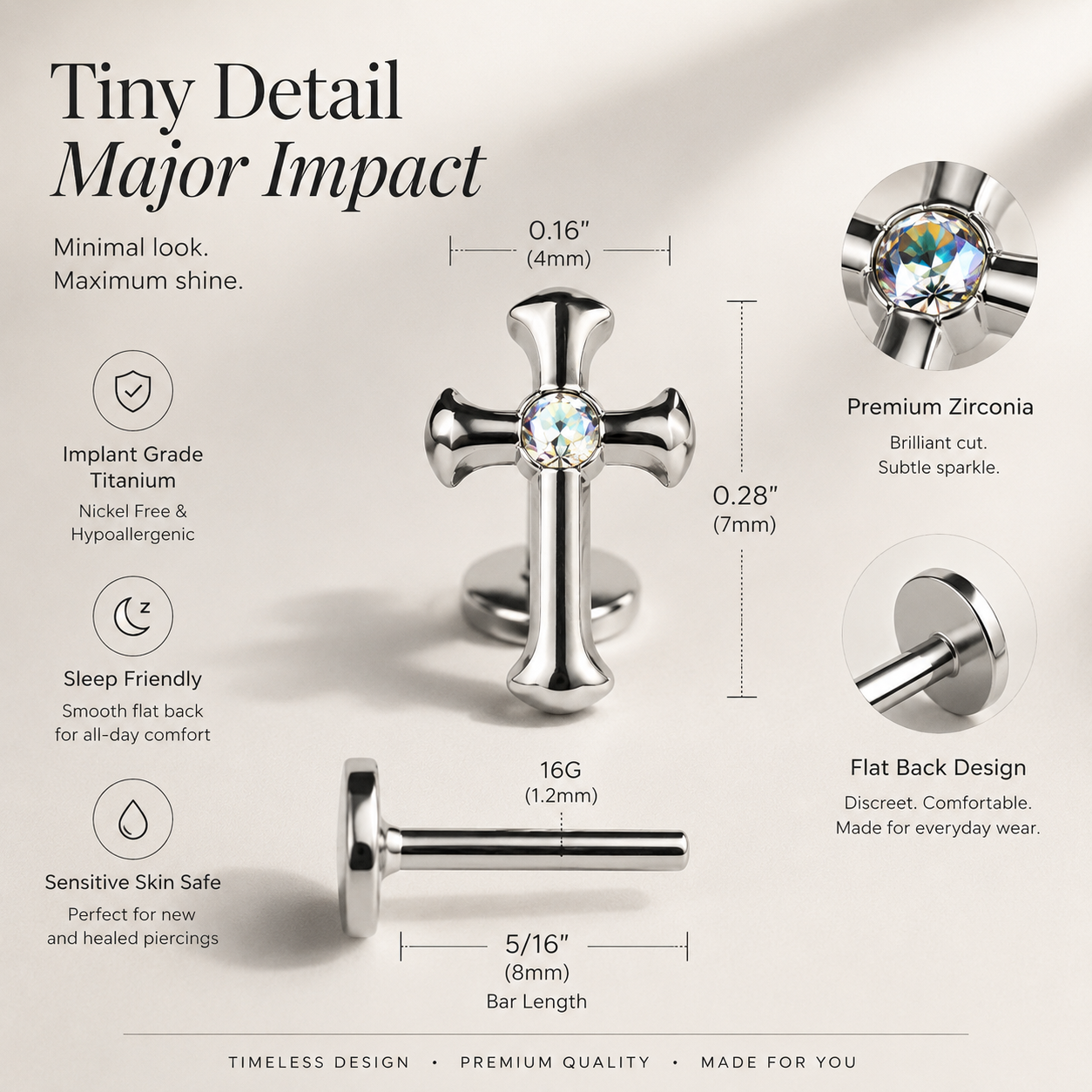 Titanium cross flat back stud size chart and dimensions