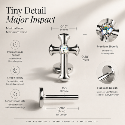 Titanium cross flat back stud size chart and dimensions