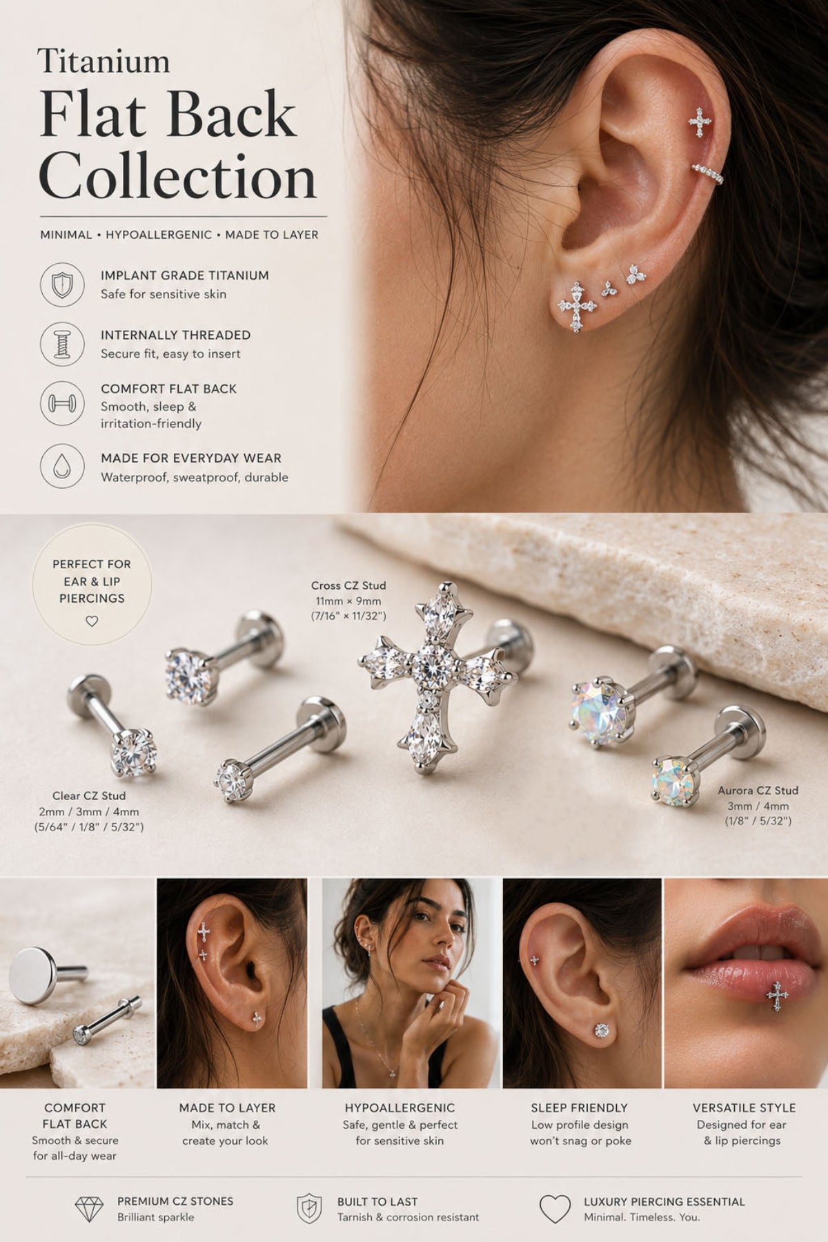 Titanium cross flat back stud featuring hypoallergenic titanium internally threaded design a