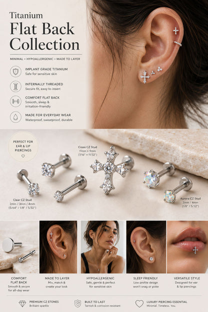 Titanium cross flat back stud featuring hypoallergenic titanium internally threaded design a