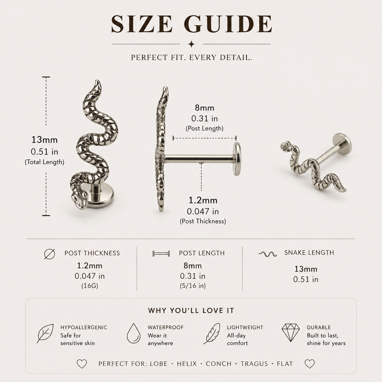 Titanium_snake_flat_back_stud_size_and_piercing_measurements