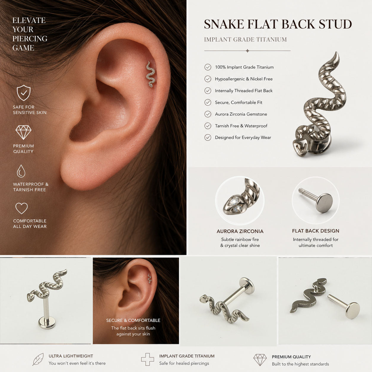Woman wearing minimal titanium snake stud earrings for curated ear styling