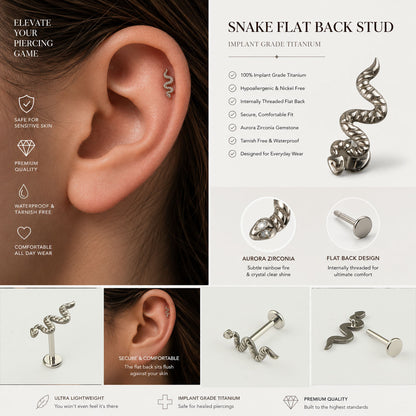 Woman wearing minimal titanium snake stud earrings for curated ear styling