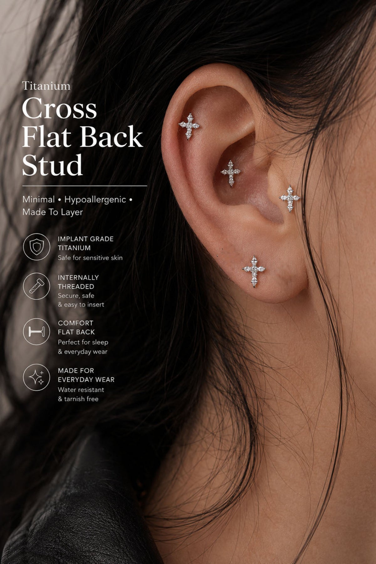 Woman wearing titanium cross flat back