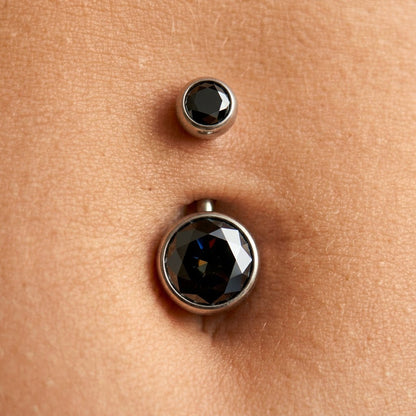 Modern minimalist black zircon belly button ring in implant grade titanium, elegant piercing jewelry detail