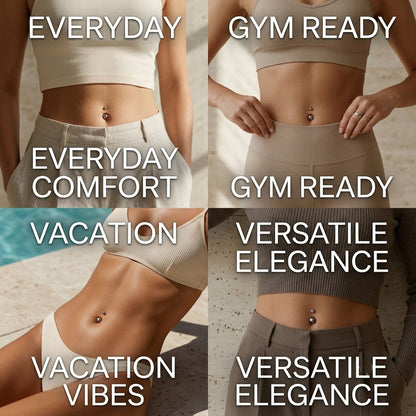 A young American woman wearing the comfortable plain titanium navel ring, styled with a beige ribbed crop top and linen shorts. Casual lifestyle context.