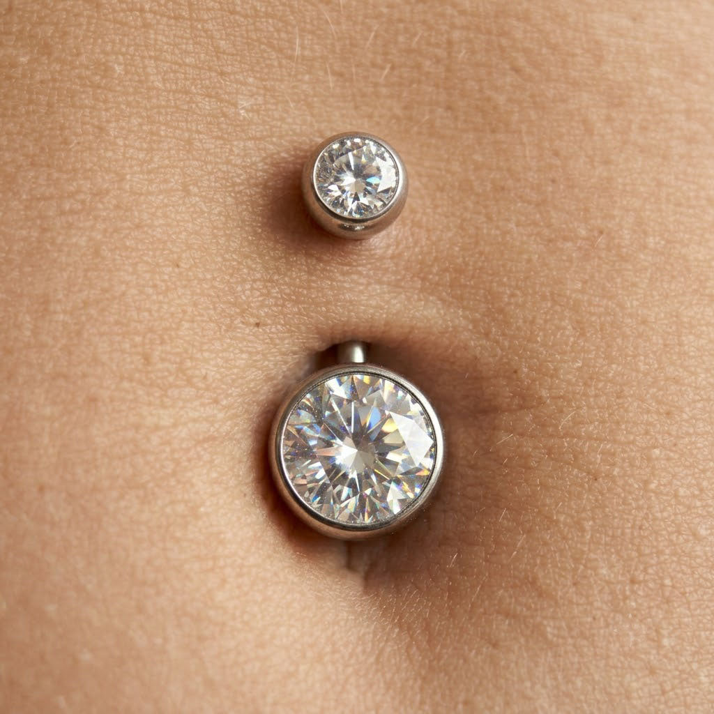 Brilliant clear zircon bezel-set navel ring in titanium, luxury body jewelry aesthetic detail