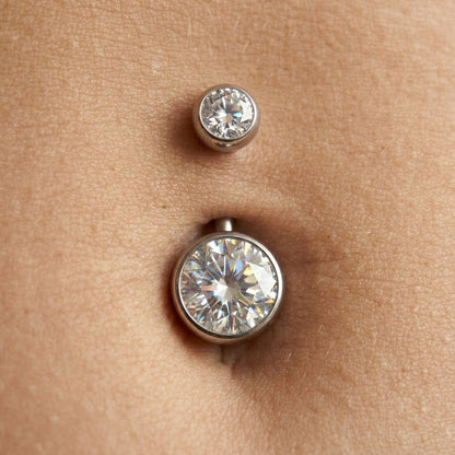 Brilliant clear zircon bezel-set navel ring in titanium, luxury body jewelry aesthetic detail