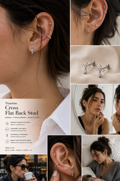 Minimalist curated ear stack featuring titanium cros