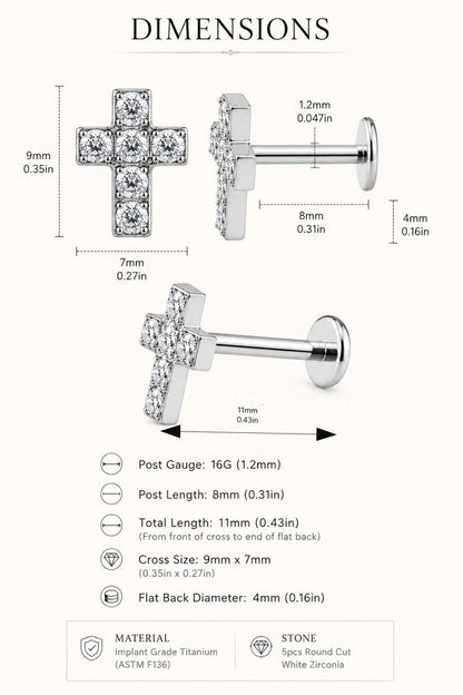 Size chart of titanium cross flat back stud showing 16G gauge and 9mm by 7mm cross dimensions