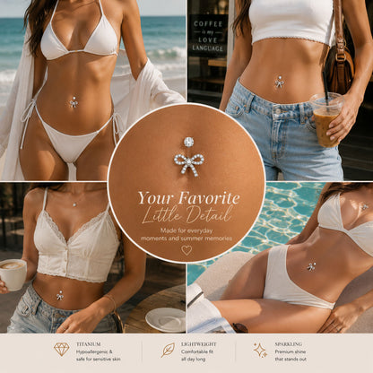 Lifestyle collage of Dazzling Titanium Bow Belly Button Ring worn by young women: beach, street, pool, and coffee scene, left tail shorter than right, natural wearing
