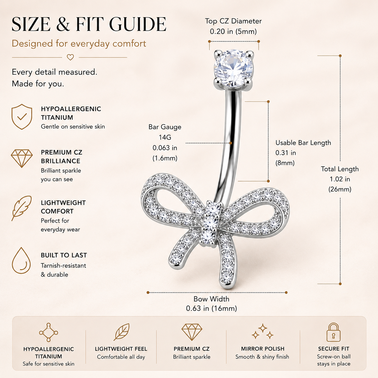 Dazzling Titanium Bow Belly Button Ring size chart, 14G (1.6mm), top CZ 5mm, usable bar length 8mm, bow width 16mm