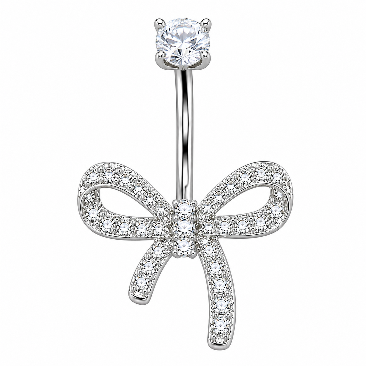 Close-up of Dazzling Titanium Bow Belly Button Ring with 3 CZ stones, left tail shorter than right, mirror-polished finish