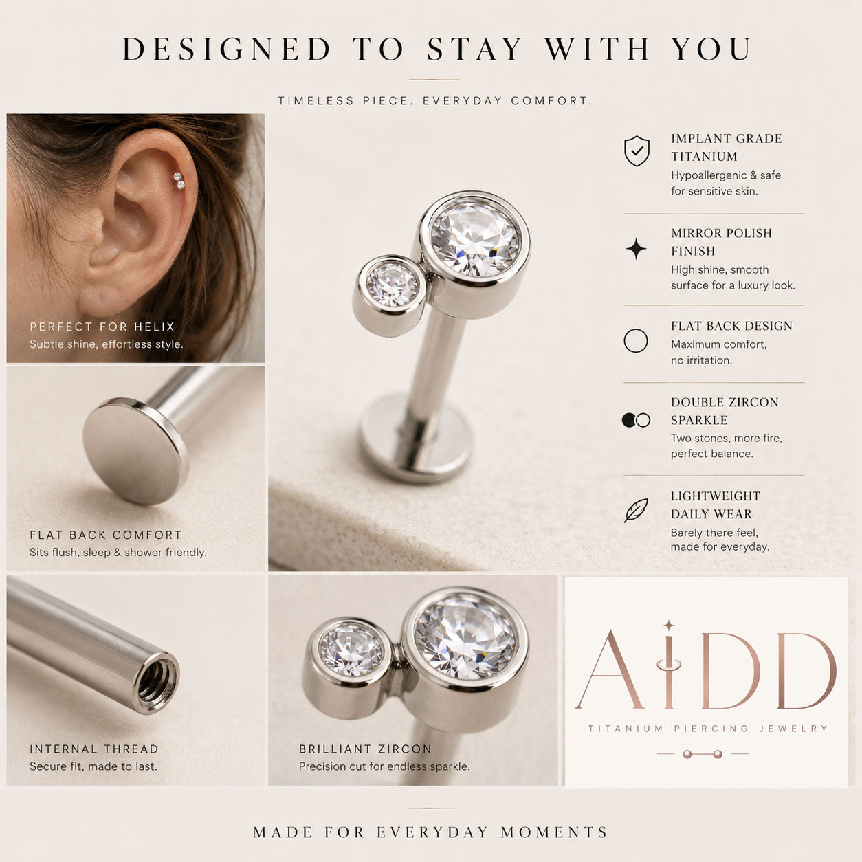 Titanium zircon flat back piercing jewelry feature overview