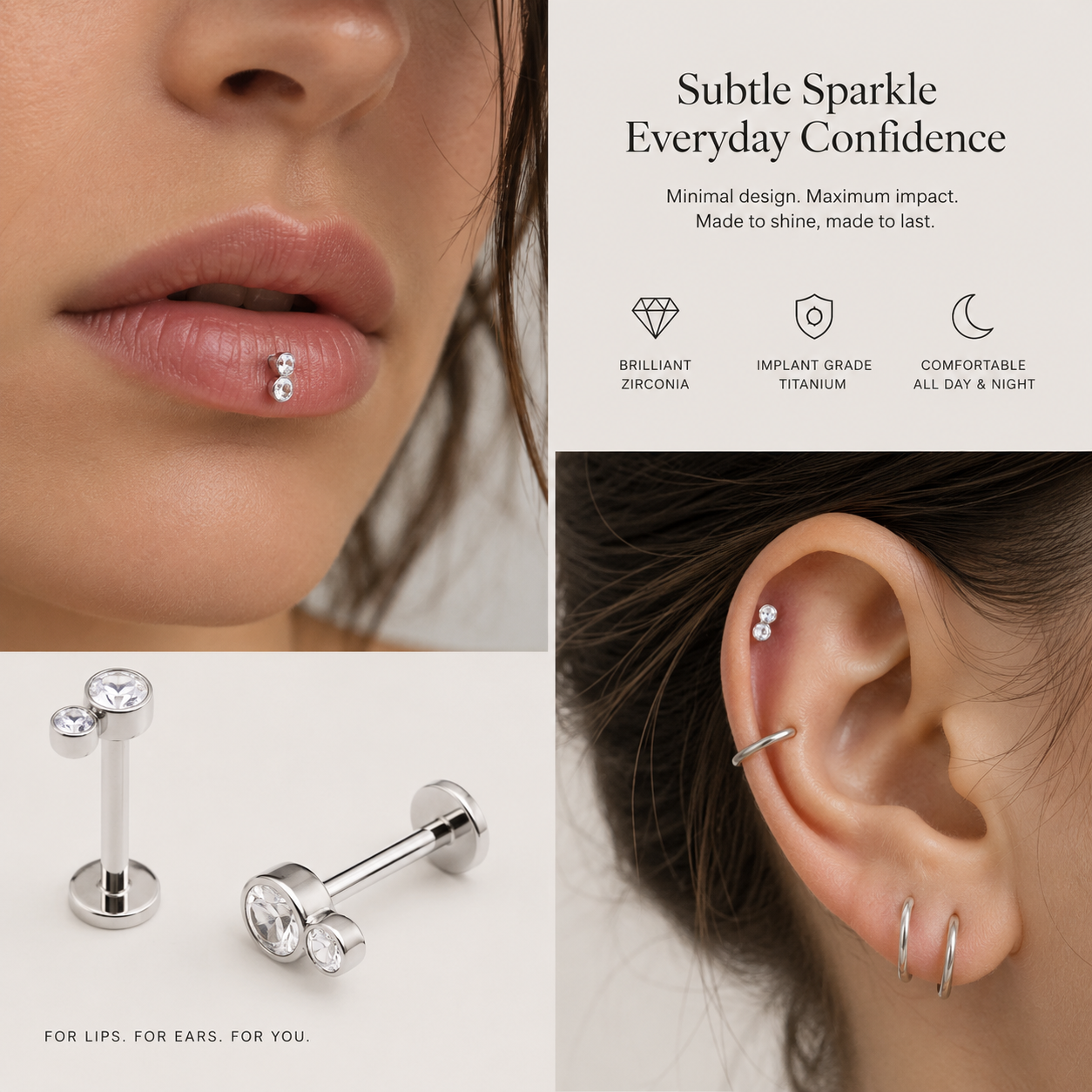 Woman wearing double zircon titanium cartilage stud in curated ear styling