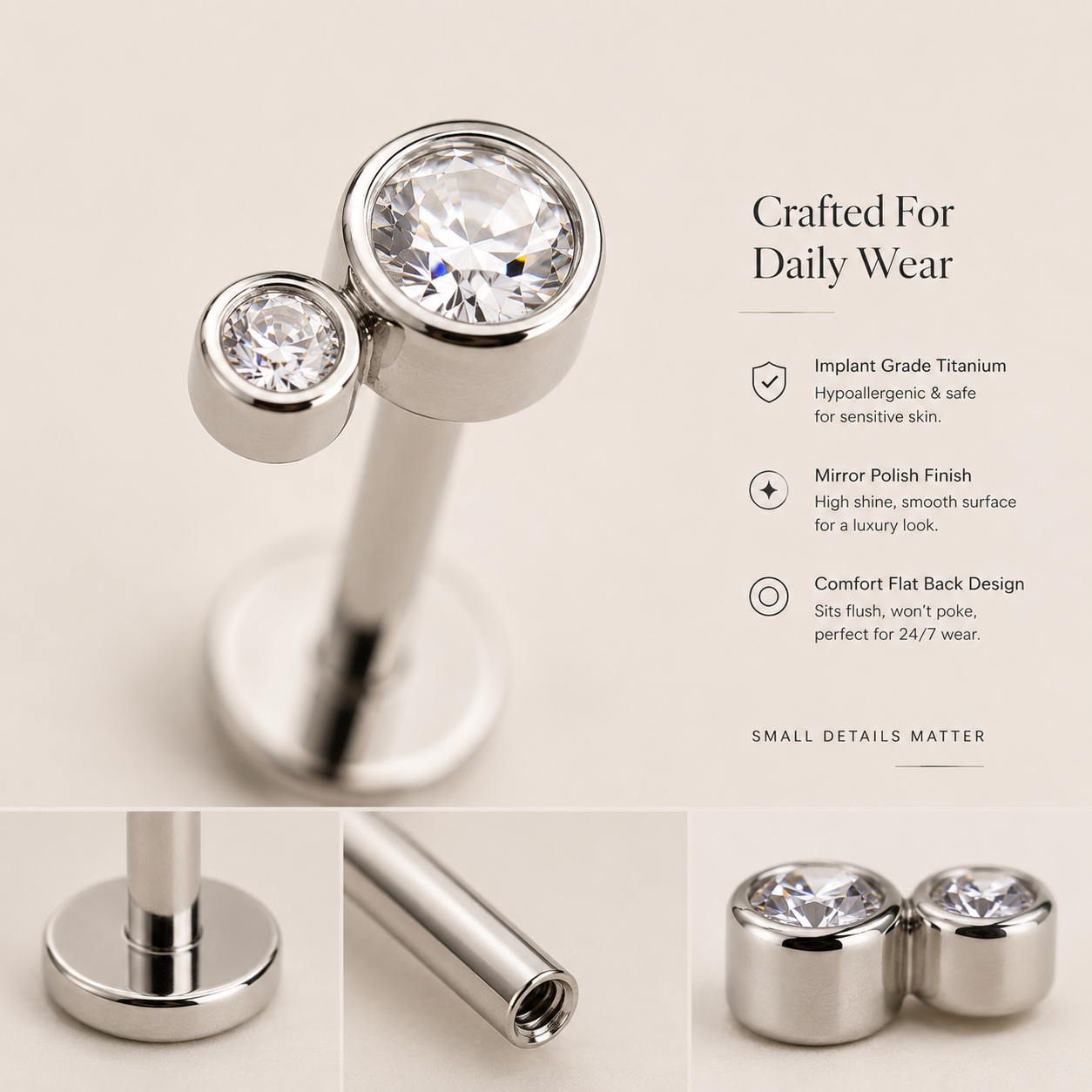 Flat back titanium piercing jewelry comfortable disc backing detail