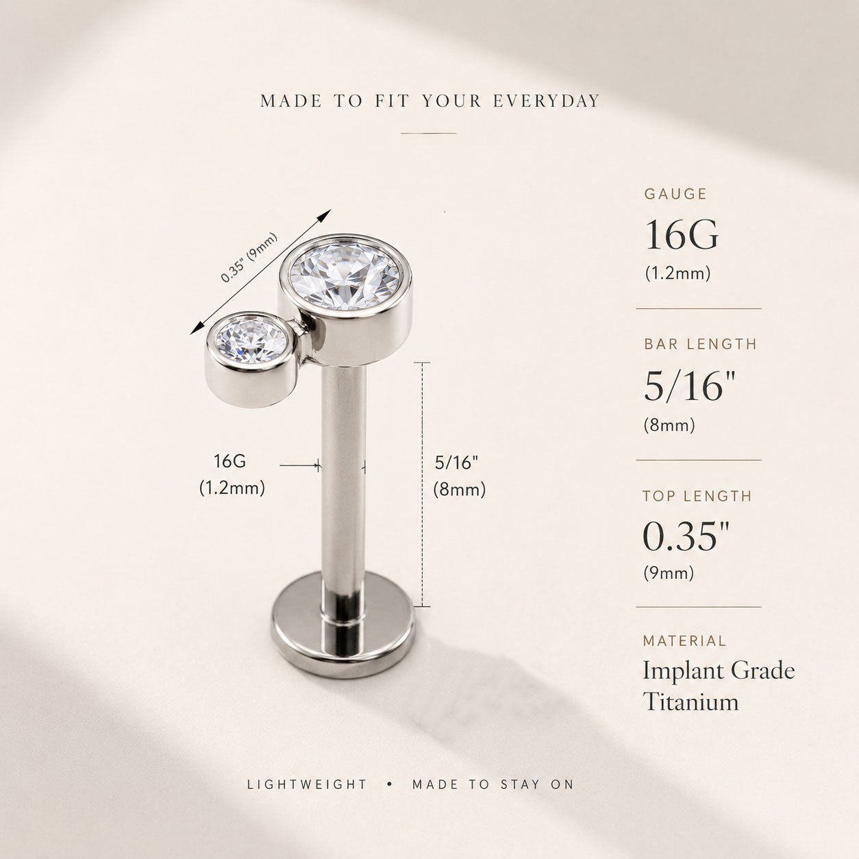 Double zircon titanium flat back stud size measurements