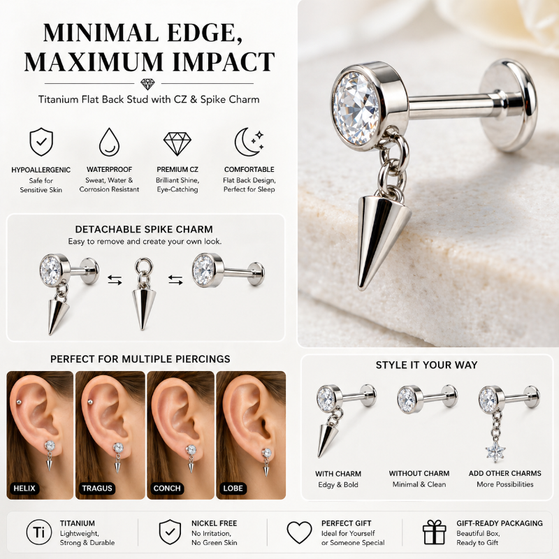 titanium spike charm earring minimalist edgy jewelry flat back stud