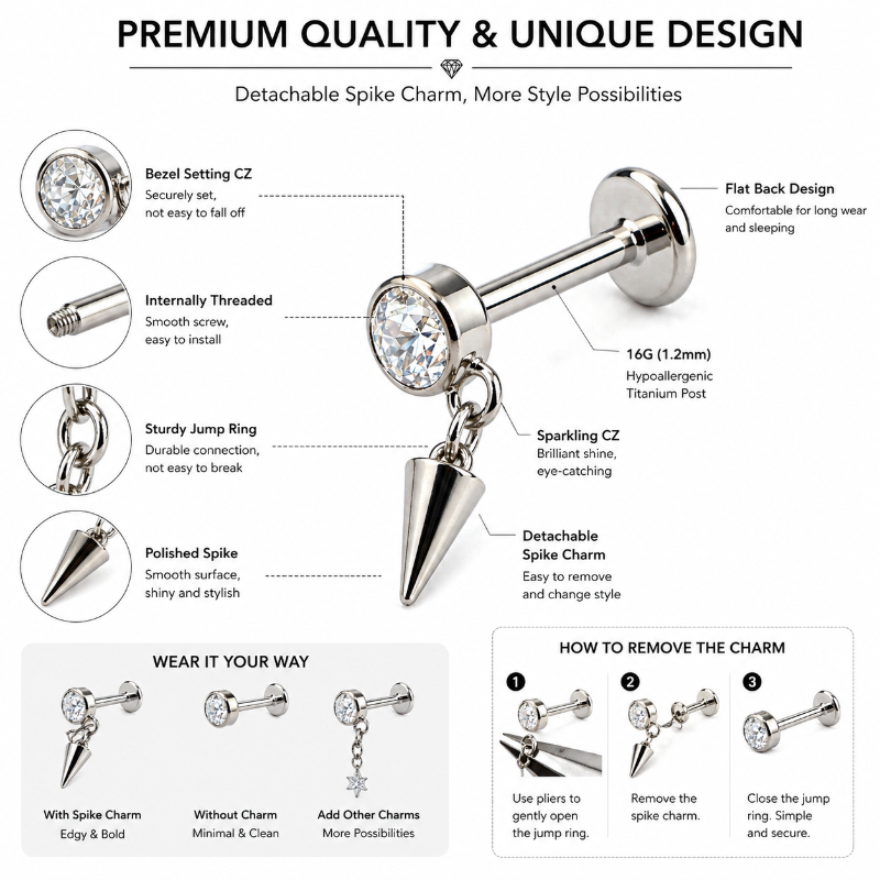 titanium flat back labret stud removable spike charm design detail
