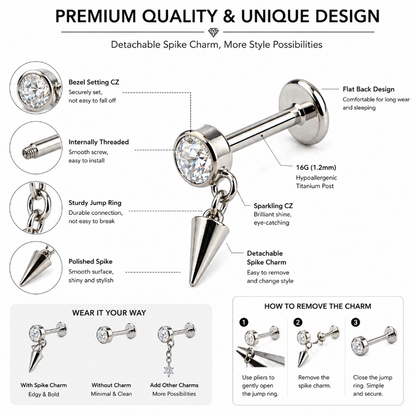 titanium flat back labret stud removable spike charm design detail