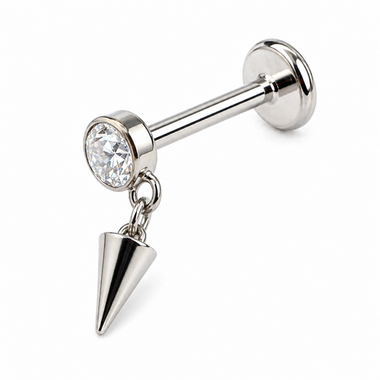 Titanium flat back stud earring with CZ and spike charm 16G hypoallergenic labret