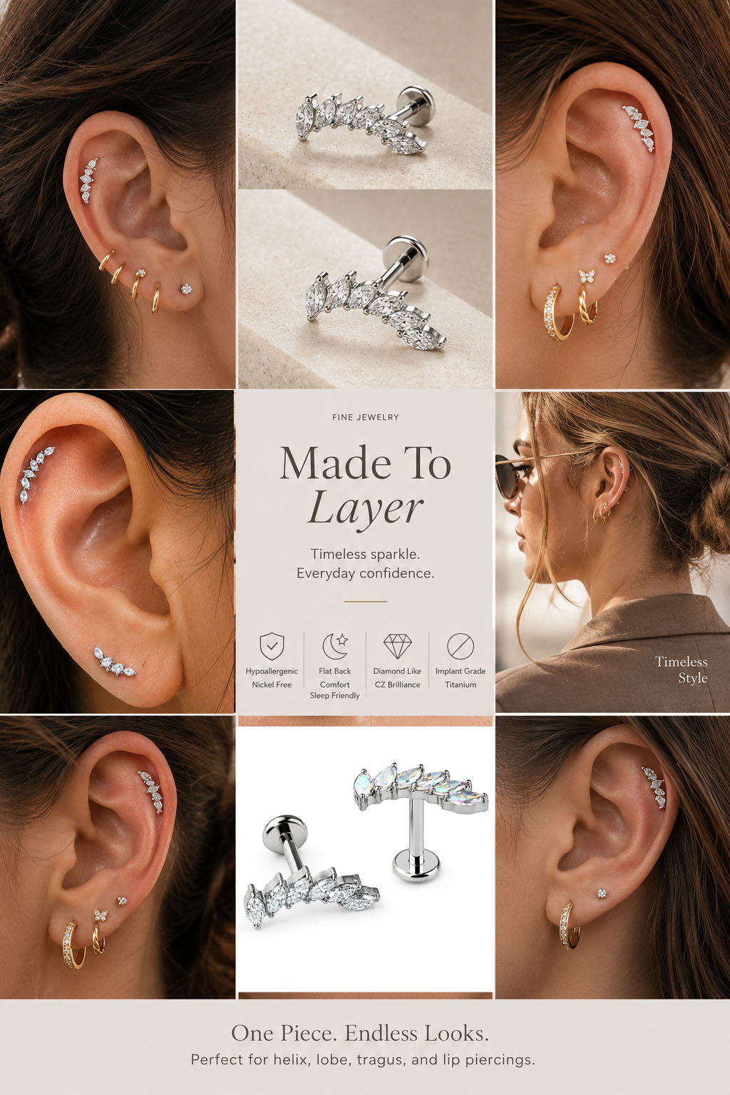Minimal everyday cartilage piercing styling with titanium marquise flat back earrings