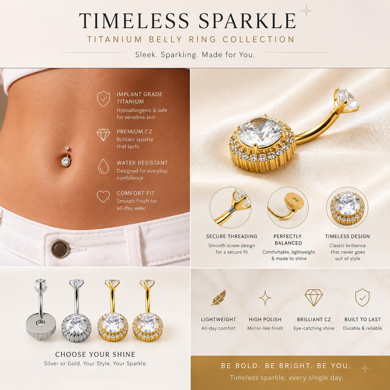 Gold and silver titanium belly button rings with zircon stones