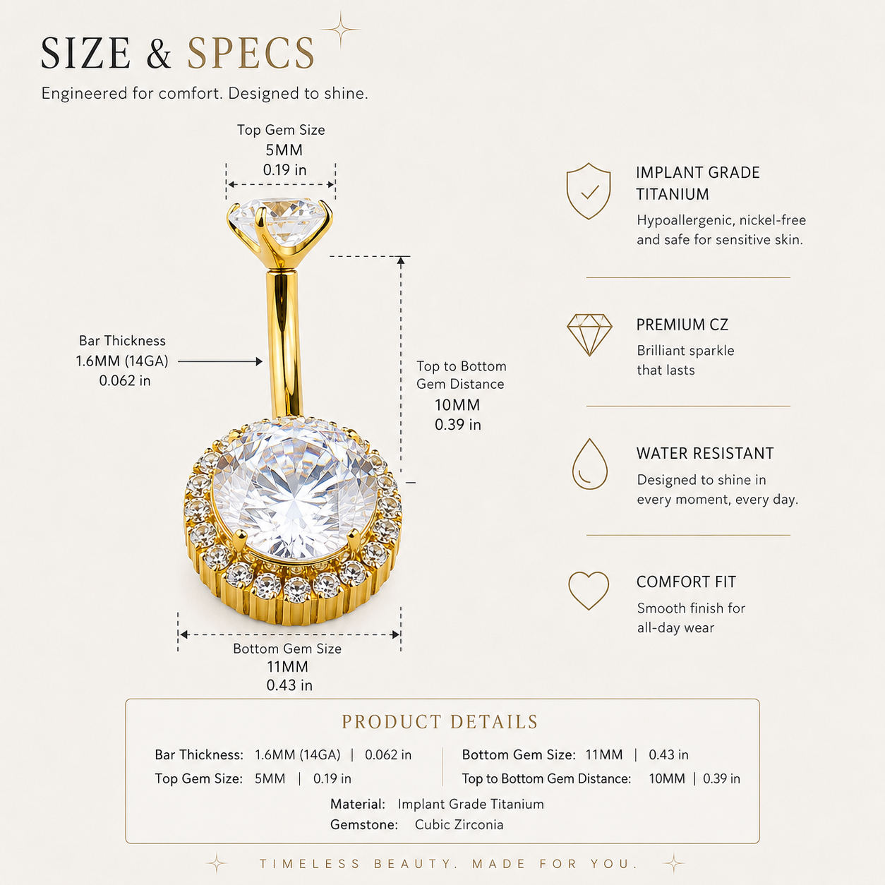 Gold titanium belly button ring with luxury zircon halo design