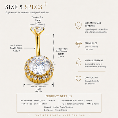 Gold titanium belly button ring with luxury zircon halo design