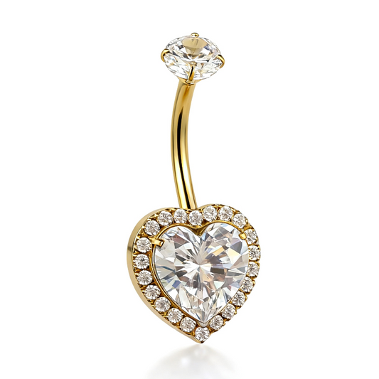 Gold titanium heart belly button ring with zircon stones for sensitive skin