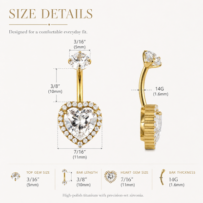 Titanium heart belly button ring size chart with 14G gauge and 10mm bar length