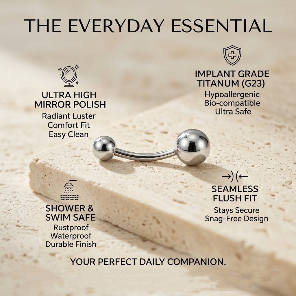 Benefits summary collage for the plain titanium navel ring: Implant Grade Titanium, Waterproof, HyBenefits summary collage for the plain titanium navel ring: Implant Grade Titanium, Waterproof, Hypoallergenic, Safe for Daily Wear.poallergenic, Safe for Daily Wear.