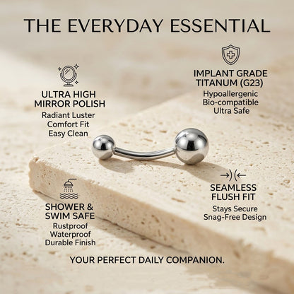 Benefits summary collage for the plain titanium navel ring: Implant Grade Titanium, Waterproof, HyBenefits summary collage for the plain titanium navel ring: Implant Grade Titanium, Waterproof, Hypoallergenic, Safe for Daily Wear.poallergenic, Safe for Daily Wear.