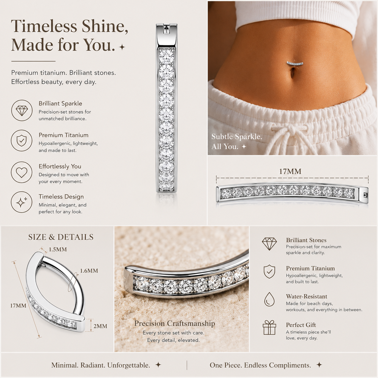 Hypoallergenic titanium belly ring collage highlighting waterproof comfort, secure clicker closure, and everyday luxury styling.
